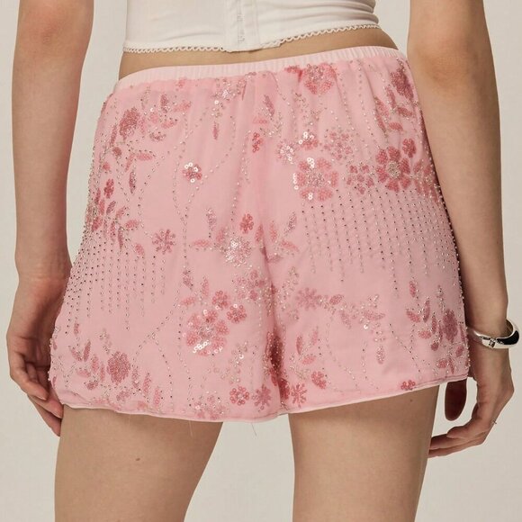 Pink Casual Women's Elegant Sequins Elastic Waist Shorts - Picture 2 of 5